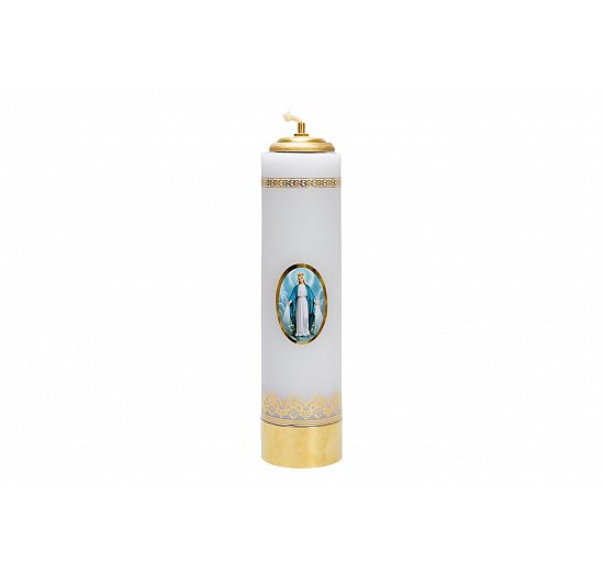 Świeca olejowa biała z naklejką Maryi Niepokalanej